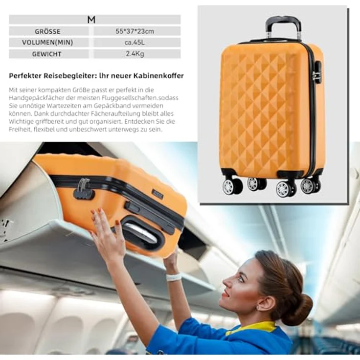 BEIBYE Trolley Koffer Kofferset Hartschale mit 4 Zwillingsrollen, integriertes Sicherheits-Zahlenschloss, orange, Handgepäck (M 55x34x22cm) und erweiterbar (XL und L) – Bild 3