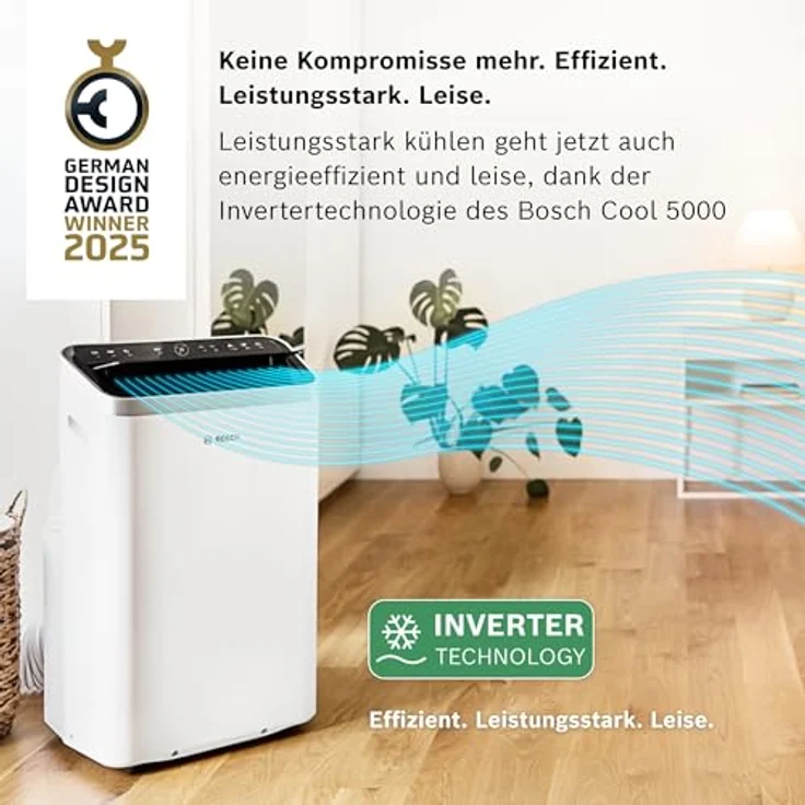 Bosch Cool 5000 Mobiles Klimagerät mit Invertertechnologie, 3-in-1: Klimagerät, Luftentfeuchter, Ventilator - 3,4 kW für Räume bis zu 46 m², Auto-Modus, Silent-Modus & Sleep-Modus – Bild 2