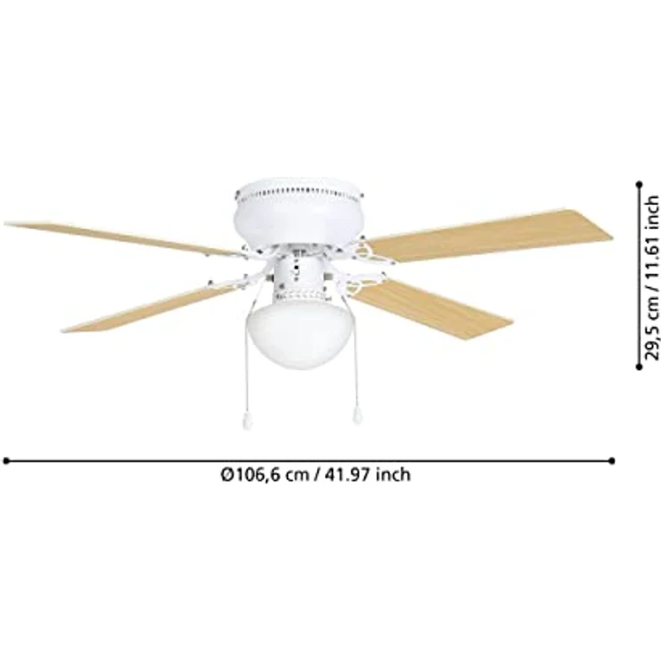 EGLO Deckenventilator Cagliari, 4 Flügel Ventilator mit Zugkette, Beleuchtung und Sommer Winter Betrieb, Holz, Stahl in weiß matt und Glas in weiß, AC Motor, Ø 106,6cm – Bild 4