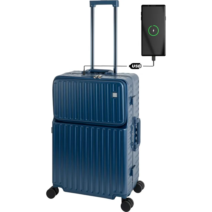 Travelhouse Hartschalen-Trolley Roma, 4 Rollen, mit USB und Getränkehalter, Aluminium-Rahmen & Polycarbonat Hartschale, blau