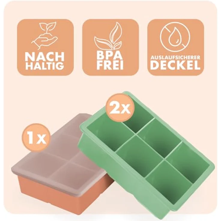 Blumtal Eiswürfelformen Silikon 3er Set, BPA-frei, lebensmittelecht, mit Deckel, leicht entnehmbar, olivgrün + mineralrot – Bild 2