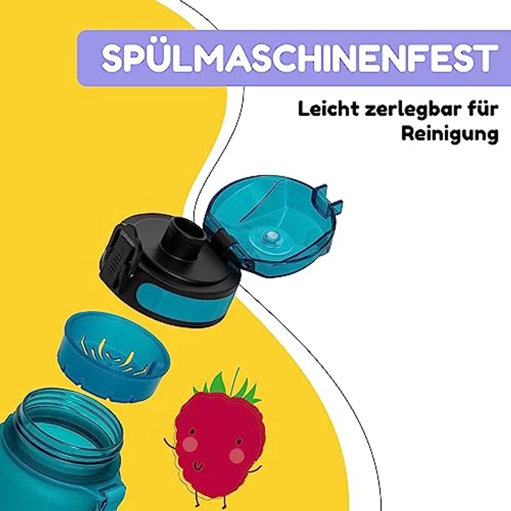 schmatzfatz 800ml, Sport Trinkflasche für Schule Kindergarten, 1-Klick Verschluss, Geschmacksneutrale Wasserflasche, Kinder Auslaufsicher mit Fruchteinsatz, BPA-Frei – Bild 3