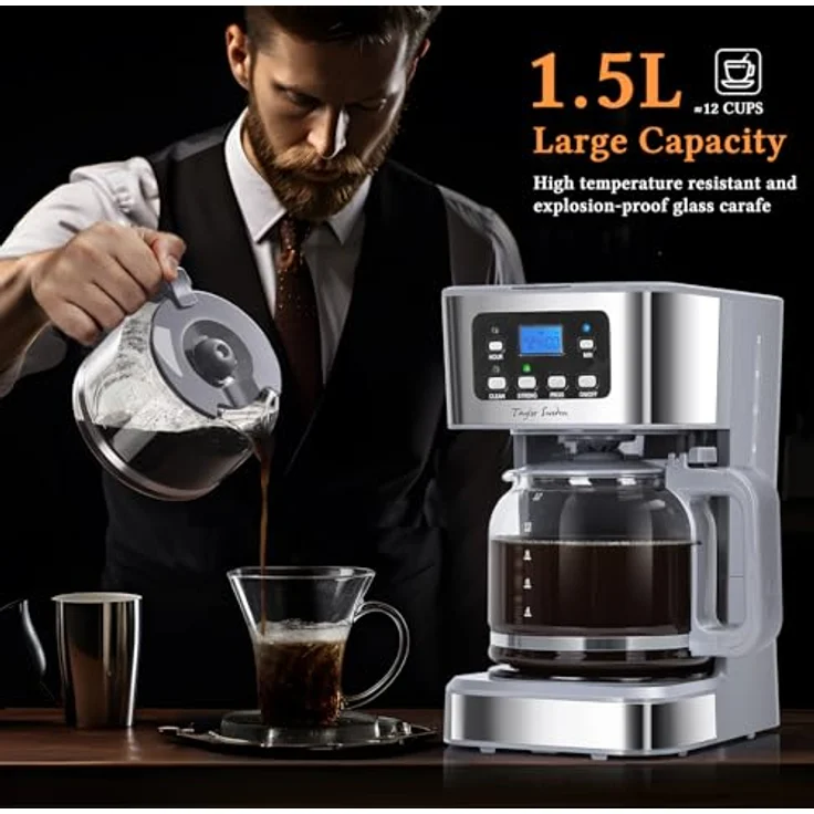 Taylor Swoden 950W Filterkaffeemaschine mit Timer, 1.5L für 12 Tassen, BPA-frei, Grau - Pewter, mit Abschaltautomatik und Tropf-Stopp – Bild 2