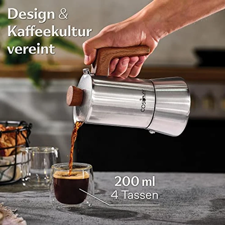 Cosumy Espressokocher, Induktionsgeeignet, FSC-zertifiziertes Eichenholz, 200 ml Fassungsvermögen – Bild 2