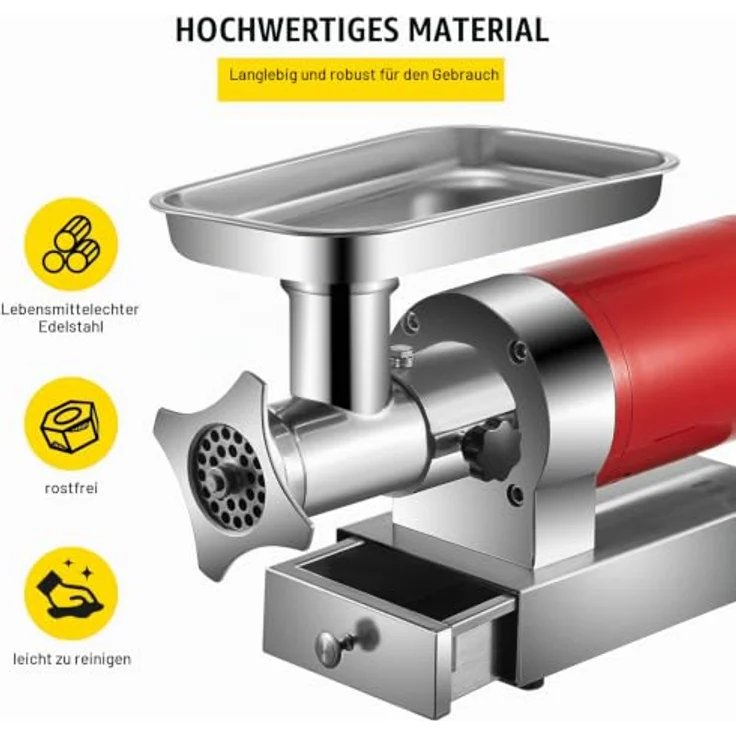 VEVOR elektrischer Fleischwolf 800 W, 300 kg/h, 180 U/min, Edelstahl, mit 2 Mahlplatten und Wurstset für gewerbliche Nutzung – Bild 3