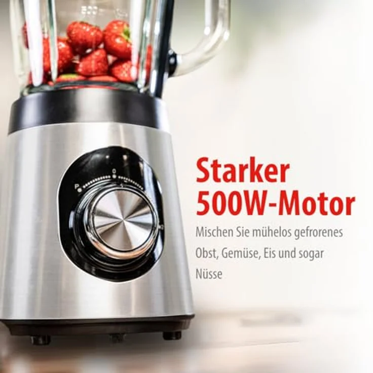 alpina Mixer 1,5L, Smoothie Maker 500W mit Glasbehälter, 2 Geschwindigkeiten, Pulsfunktion, rutschfeste Füße, schwarz-silber – Bild 6