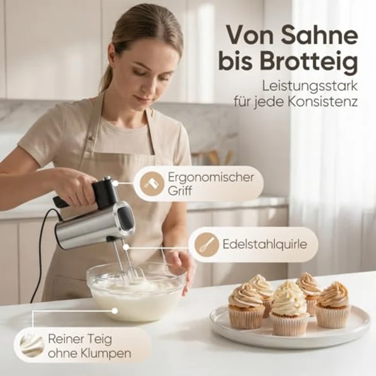 ProfiCook Handmixer PC-HM 1335, 400W mit 5 Geschwindigkeitsstufen und Turbo-Funktion, Edelstahlquirle und -knethaken – Bild 4