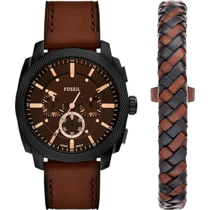 Fossil Chronograph MACHINE FS6102SET, 2-tlg. Set mit Armband, Quarzuhr, schwarze Zifferblattfarbe, braunes Lederarmband, ideal als Geschenk – Bild 1
