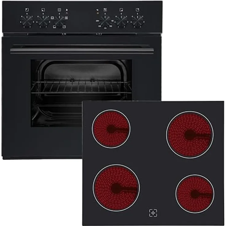 Respekta Einbau Herdset Viktor, Backofen mit Glaskeramikkochfeld, 60 Liter Garraum, Energieeffizienzklasse A, 4 Kochzonen, schwarzes Glas, Einbauherd Set 60 cm