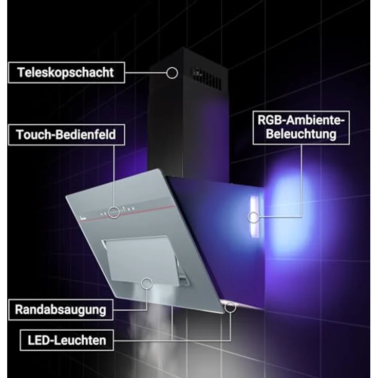 KKT KOLBE PLOOM9005G Dunstabzugshaube 90 cm, A+++ Energieeffizienz, 782 cbm/h, Umluft/Abluft, smart WiFi, SensorTouch, RGBW LED-Beleuchtung, Glas matt grau, Kopffrei – Bild 4