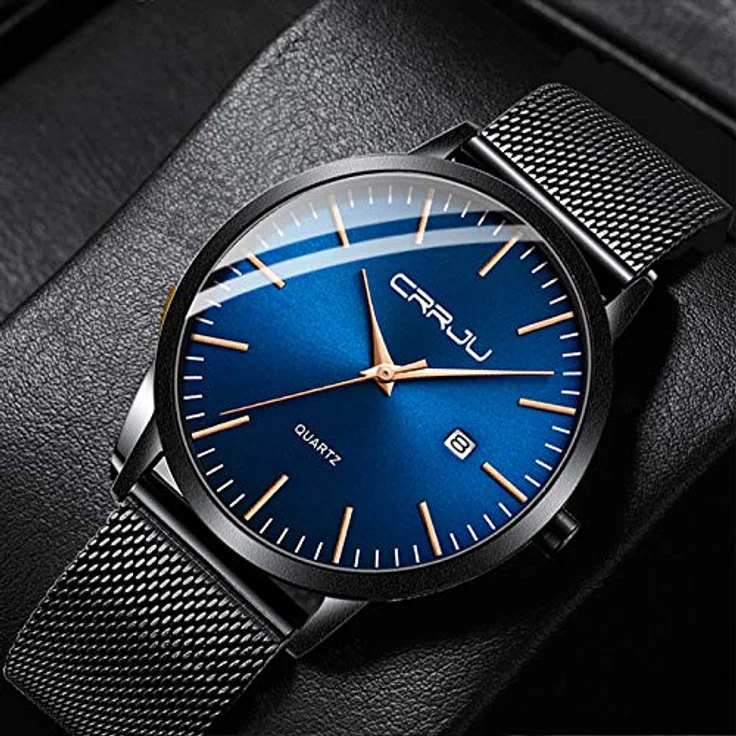 CRRJU Herren Uhr Ultra Dünne wasserdichte Armbanduhr mit schwarzem Edelstahl-Mesh-Armband und analogen Quarzwerk, Blau – Bild 4