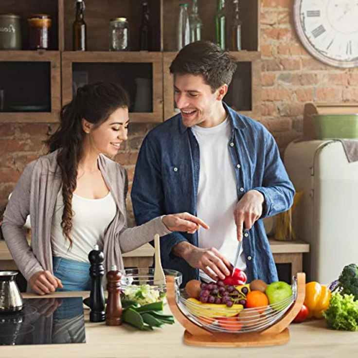 Relaxdays Obsthängematte, Bambus und Edelstahl, Gitter Design, Deko Obstschale, HxBxT: 18, 5 x 38 x 23 cm, natur/silber – Bild 2