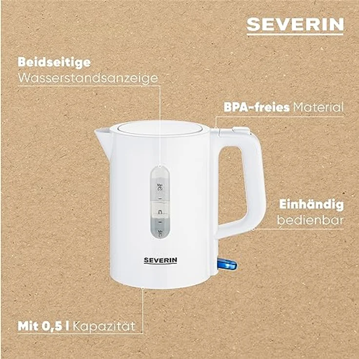 SEVERIN Reise-Wasserkocher-Set, Reisewasserkocher für 0,5 l mit umschaltbarer Spannung (115/230 V), elektrischer Wasserkocher mit 2 Kunststofftassen und 2 Löffeln, weiß, WK 3462 – Bild 4