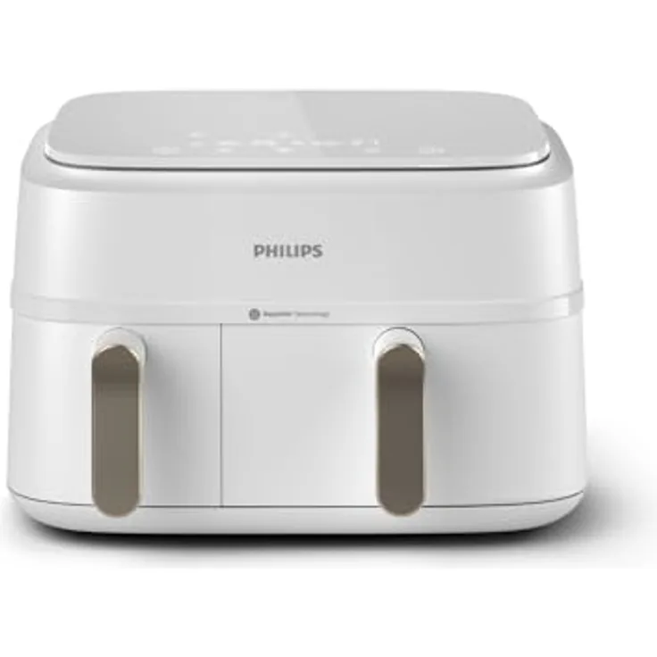 Philips Heißluftfritteuse 3000 Series NA353/10, Dual Basket Airfryer mit 9L Kapazität (3L+6L), 2750 W, RapidAir Technologie, Digitales Display, HomeID App, Weiß/Champagne