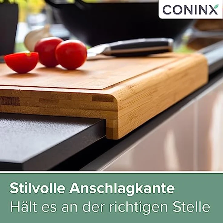 Coninx Schneidebrett Holz groß mit Saftrille - Antibakterielles Moso Bambus Holzbrett zum Schneiden von Gemüse, Obst, Käse, Fleisch & mehr - Robustes Holz Küchenbrett - Servierbrett – Bild 3