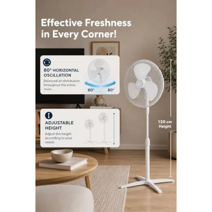 KUMTEL Standventilator, 40 cm mit 80° Oszillation, höhenverstellbar, weiß – Bild 3