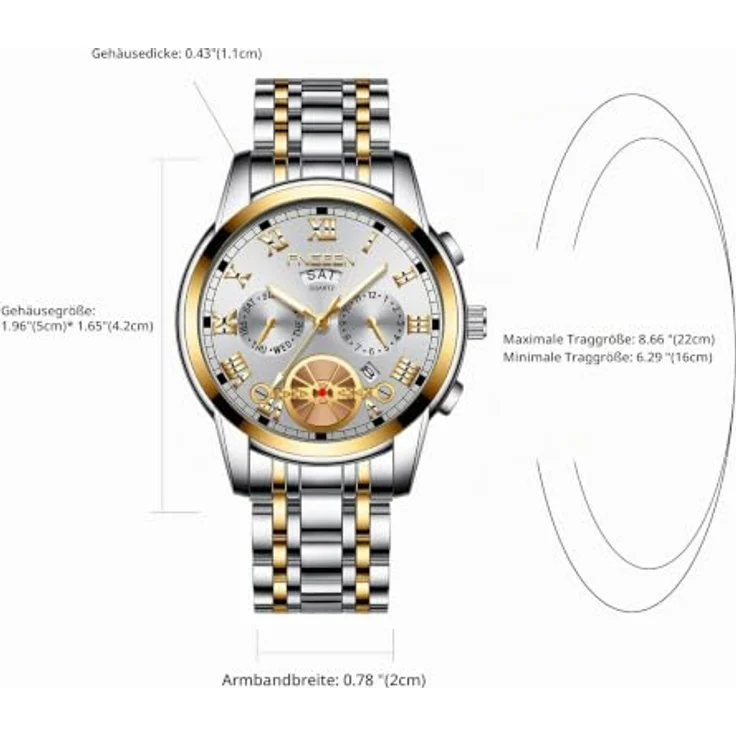 JewelryWe Herrenuhr Edelstahl Quarz Analog, 30M wasserdicht mit römischen Ziffern, Kalender und leuchtenden Zeigern, Gold/Silber – Bild 5