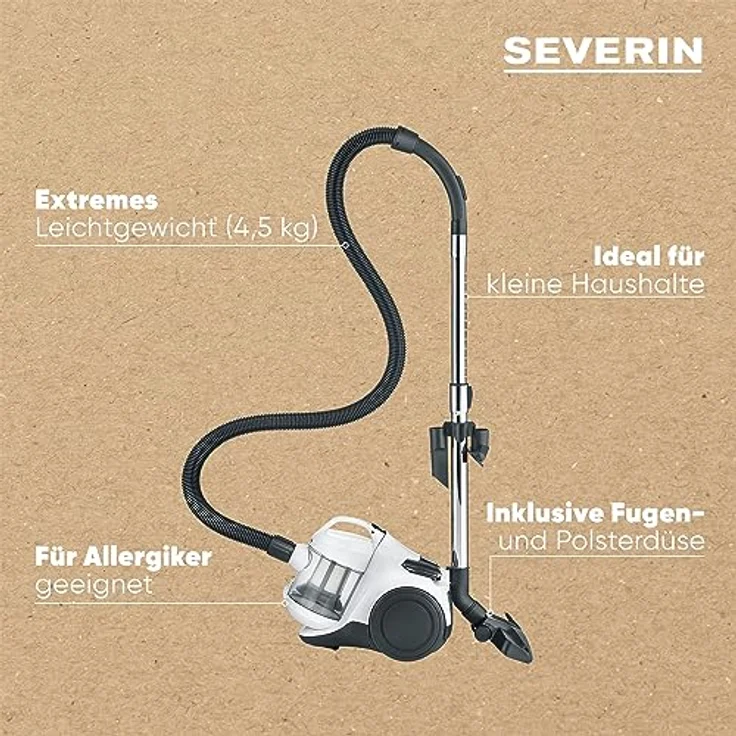 SEVERIN Beutelloser Zyklon-Staubsauger, Bodenstaubsauger für Allergiker, Staubsauger ohne Beutel mit Fugen- und Polsterdüse, 1,5 L, weiß/schwarz, CY 7103 – Bild 4