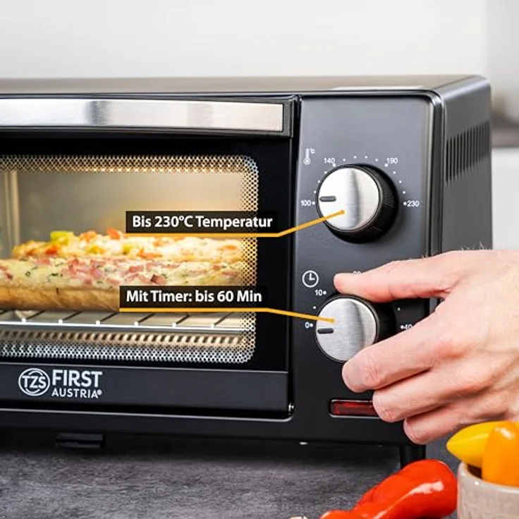 TZS First Austria 10 Liter Minibackofen, 800 Watt, bis 230 Grad, stufenlose Temperaturregelung, 60 Minuten Timer, 2 Einschubhöhen, Doppelglastür, Mini Ofen – Bild 4