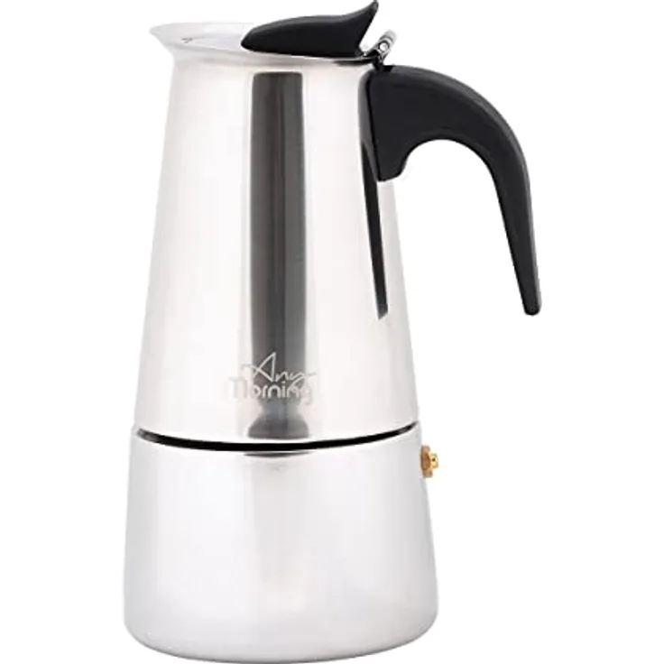 Any Morning Edelstahl Moka Pot, 200 ml, Induktionsgeeignet, 4-Tassen Espressokocher mit Sicherheitsventil, robust und stilvoll