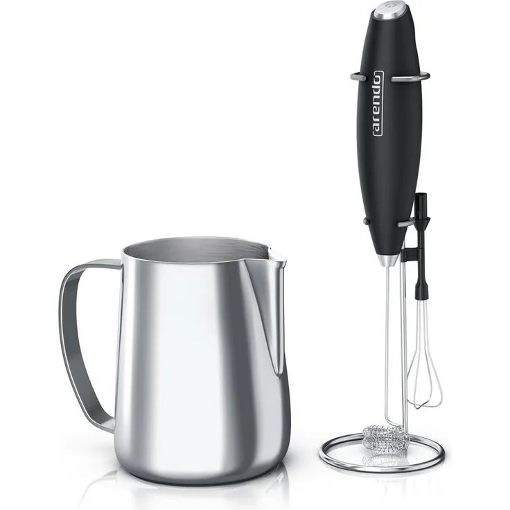 Arendo MINI MILKSPACE, elektrischer Milchaufschäumer mit Edelstahl Milchkännchen 600 ml, Dual-Quirl und Schneebesen, batteriebetrieben, 350 ml Inhalt mit Messskala