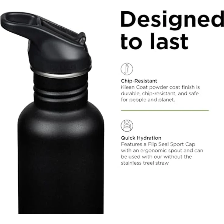 Klean Kanteen Trinkflasche Kanteen®Classic 800ml, Flip Sport Cap, Schwarz Black, BPA-frei, aus 90% recyceltem Edelstahl – Bild 4