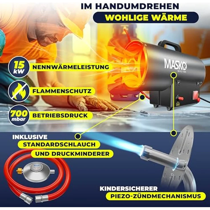 MASKO Gasheizgebläse Heizkanone, 15 KW, inkl. Gasschlauch & Druckminderer, robustes Nirosta-Gehäuse, Heizleistung für 100-300 m² – Bild 2