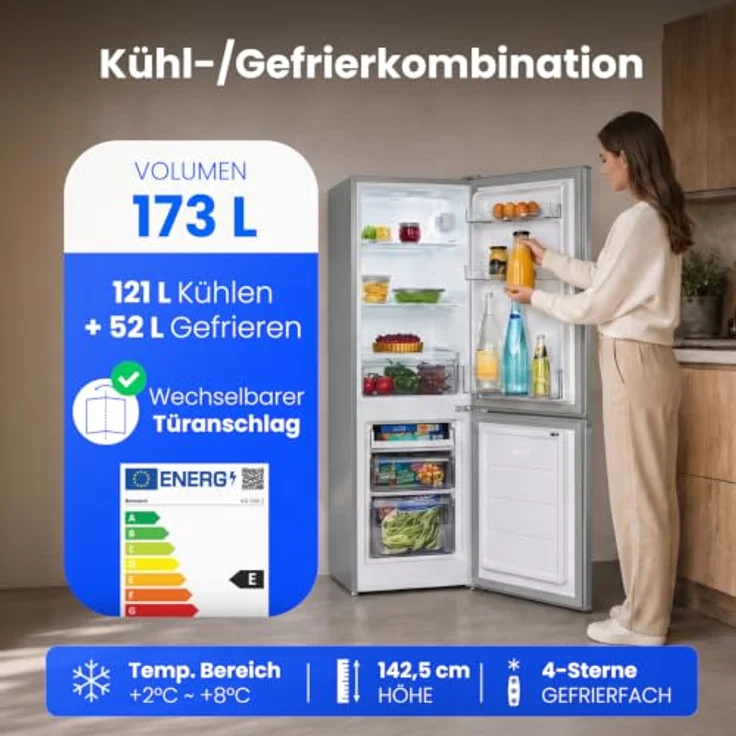 Bomann® KG 320.3, Kühlschrank mit Gefrierfach, 143 cm, 173L, Edelstahloptik, leise, Türanschlag wechselbar – Bild 2
