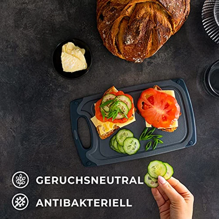 Exitoso Das Original Frühstücksbrettchen 6er Set Schneidebrett, Antibakteriell grau schwarz Kunststoff 25x15cm mit Saftrille, Spülmaschinenfest, rutschfest - Klein – Bild 5