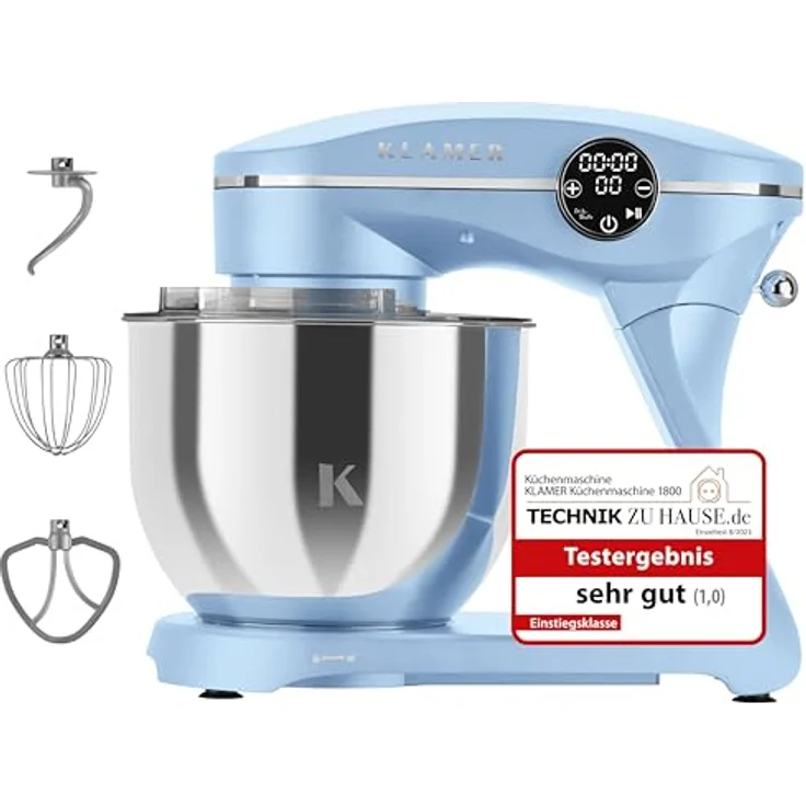 KLAMER Küchenmaschine 1800W, Knetmaschine mit 6 Liter Edelstahl Schüssel, 10 Geschwindigkeitsstufen mit Timer, Rührbesen, Knethaken, Schneebesen und Spritzschutz – Bild 1