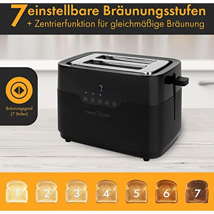ProfiCook Toaster 2 Scheiben mit Brötchen Aufsatz und extra breitem Toast-Schlitz, Auftaufunktion, 7 einstellbare Bräunungsstufen Edelstahl gleichmäßige Toaster schwarz matt, PC-TA 1244 – Bild 3
