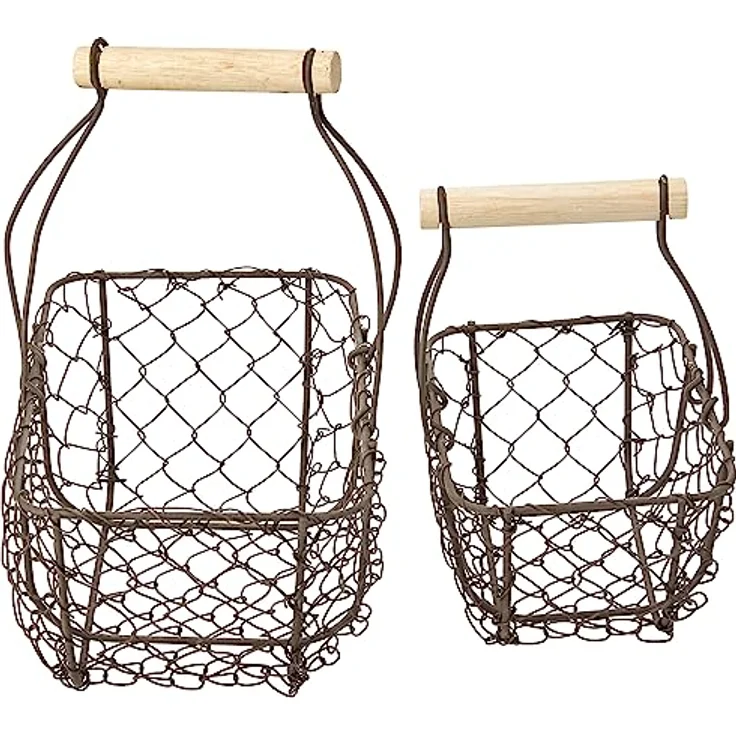 Rayher Hobby Set 2 Drahtkörbe, Nostalgisches Design mit Holztragegriff, kleiner Korb 15 x 10 x 16,5 cm, großer Korb 20 x 12 x 22 cm, Metallkörbchen in Mokka – Bild 3
