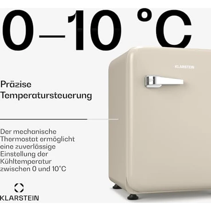 Klarstein Audrey Evo 68L Mini Kühlschrank, Retro-Design, leiser Betrieb 40 dB, kompressor, verstellbare Füße, wendetür, creme – Bild 4