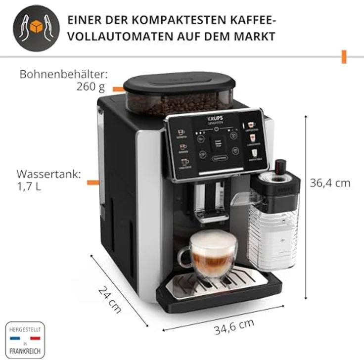 KRUPS EA912E10, Kaffeevollautomat mit integriertem Mahlwerk für perfekten Milchschaum und zwei Tassen Zubereitung, schwarz/silber – Bild 3
