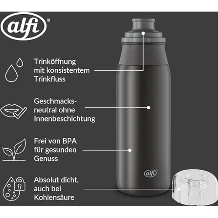Alfi ELEMENT BOTTLE Edelstahl Trinkflasche, 0,6l, spülmaschinenfest, Free-Flow Trinksystem mit intuitive Schraubverschluss, mattierter Trendstyle – Bild 3
