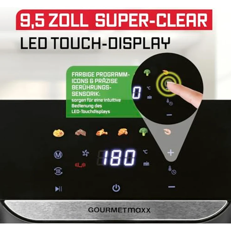 GOURMETmaxx Heißluftfritteuse AirGenius, 7,5 l - Mattschwarz, farbiges LED-Touchdisplay, 7 Programme, 1700 Watt, 360° Heißluftzirkulation – Bild 4