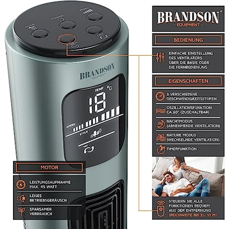 Brandson Turmventilator mit Fernbedienung und Oszilation 60° - Standventilator - Säulenventilator - 96 cm - Ventilator mit 3 Geschwindigkeitsstufen - Modell 2020 GS Zertifiziert - silbermint – Bild 5