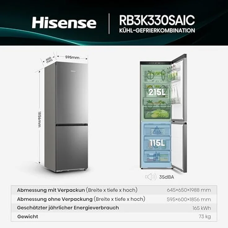 Hisense RB3K330SAIC, Freistehende Kühl-Gefrierkombination, 330 l, Energieeffizienzklasse C, Edelstahl – Bild 3