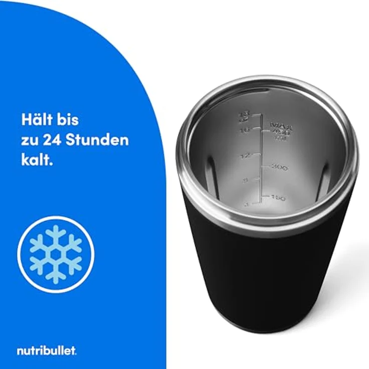 NutriBullet Flip NBP016B tragbarer Mixer, 590ml isolierter Edelstahlbecher, hält bis zu 24 Stunden kalt, mixt auch Eis und Gefrorenes, 2in1, multifunktionaler Mixer, USB-C Ladegerät, Schwarz – Bild 4
