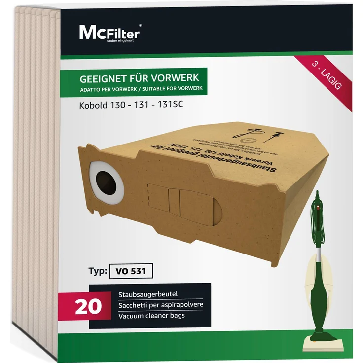 A. Patzig McFilter | 20 Staubsaugerbeutel für Vorwerk Kobold 130, 131, SC, 3-lagig, hochgradige Filtration