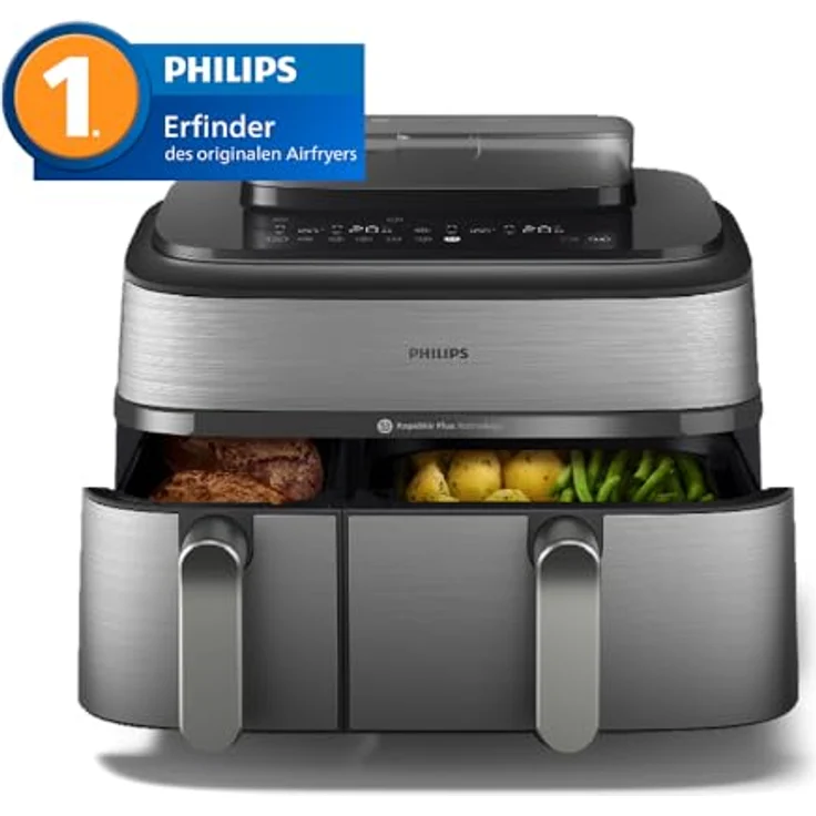 Philips Heißluftfritteuse 5000 Series NA555/00, Dual Basket mit Steam, 9L Kapazität, 2750 W, RapidAir Plus Technologie, Dampfreinigung, HomeID App, Silber – Bild 4