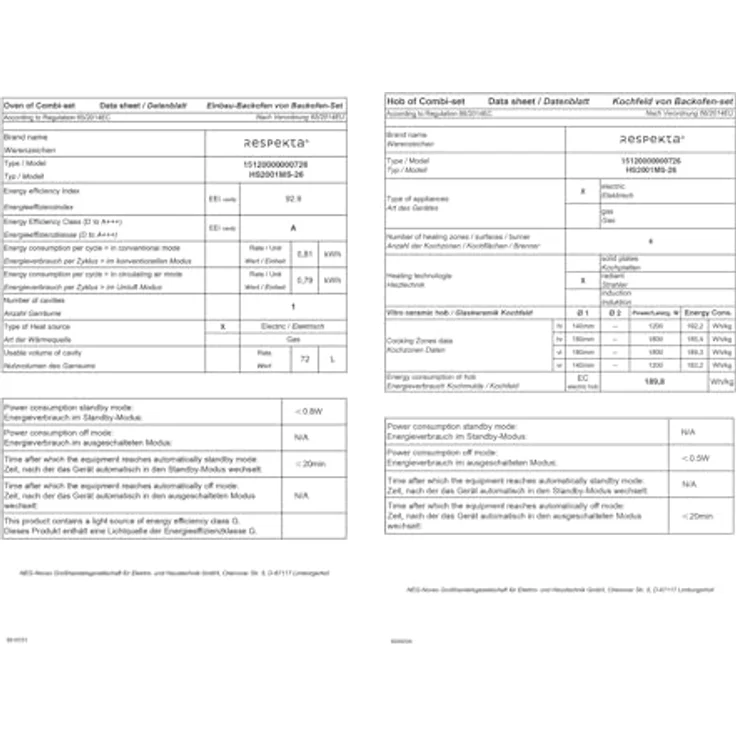 Respekta HS2001MS-26, Backofen Herdset Einbau, Matt Schwarz, 72L, 7 Beheizungsarten, A Energieeffizienzklasse, Glaskeramik Kochfeld – Bild 14