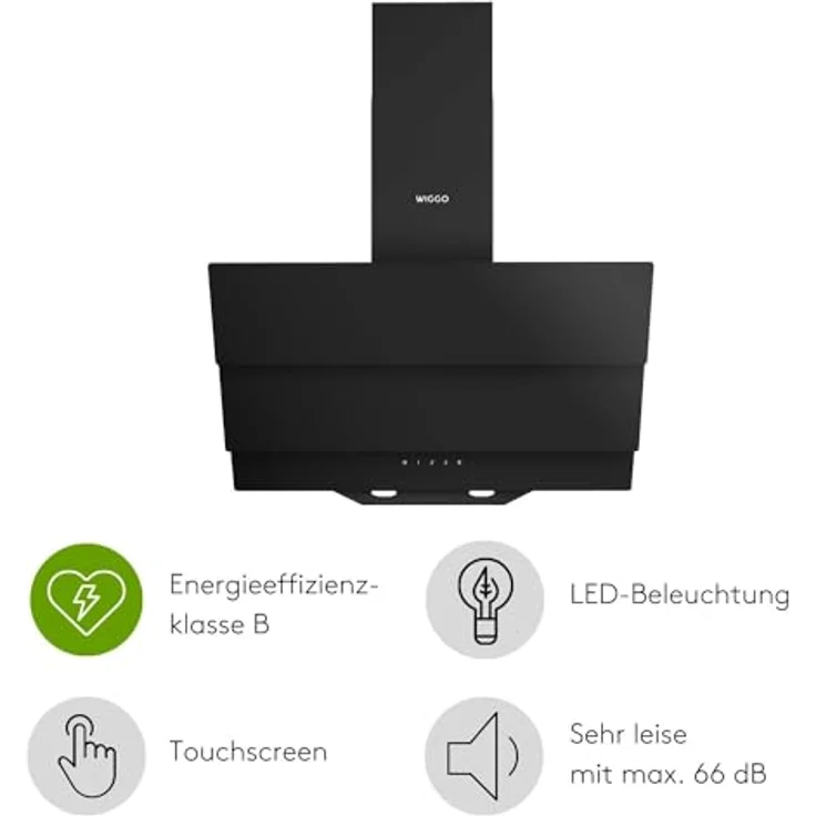Wiggo B643 Dunstabzugshaube 60cm kopffrei I Abluft Umluft Dunstabzug 615m³/h - Touch-Display 4 Stufen I Energieeffizienzklasse B Schräghaube inkl. 2x Kohlefilter I Abzugshaube Glasfront schwarz – Bild 2
