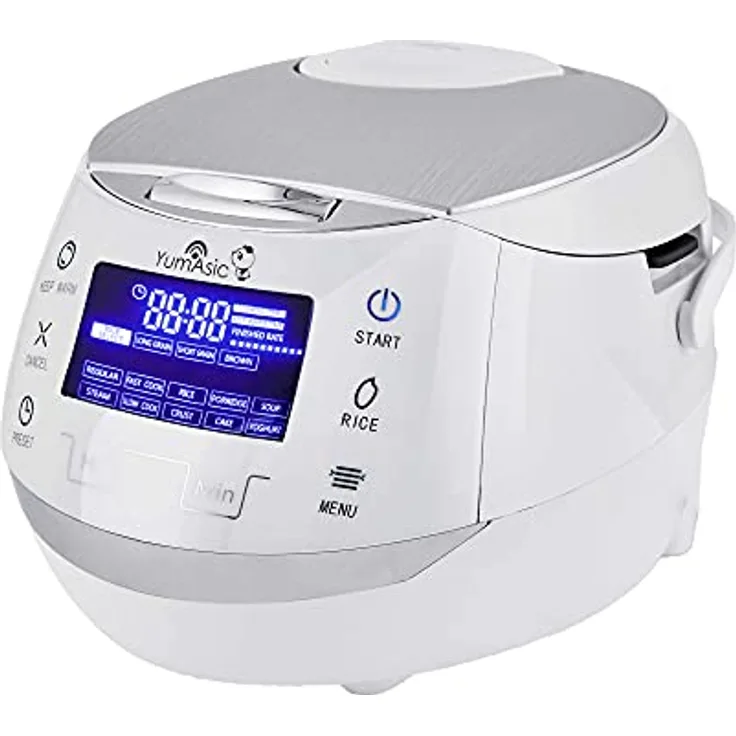 Yum Asia Sakura Reiskocher, Keramikschale, 8 Tassen, Advanced Fuzzy Logic, 6 Reiskoch- und Multikocherfunktionen, Motouch LED-Display, weiß und silber