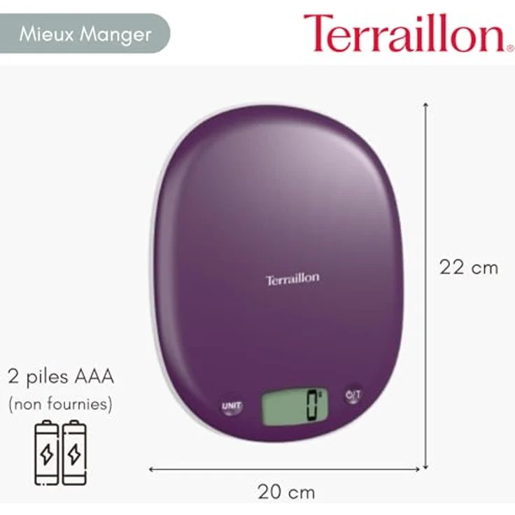 Terraillon Küchenwaage, Mit Tara-Funktion, Flüssigkeitsanzeige, Griffaussparung, Bis 5 kg, Macaron, Pflaumenfarben – Bild 6