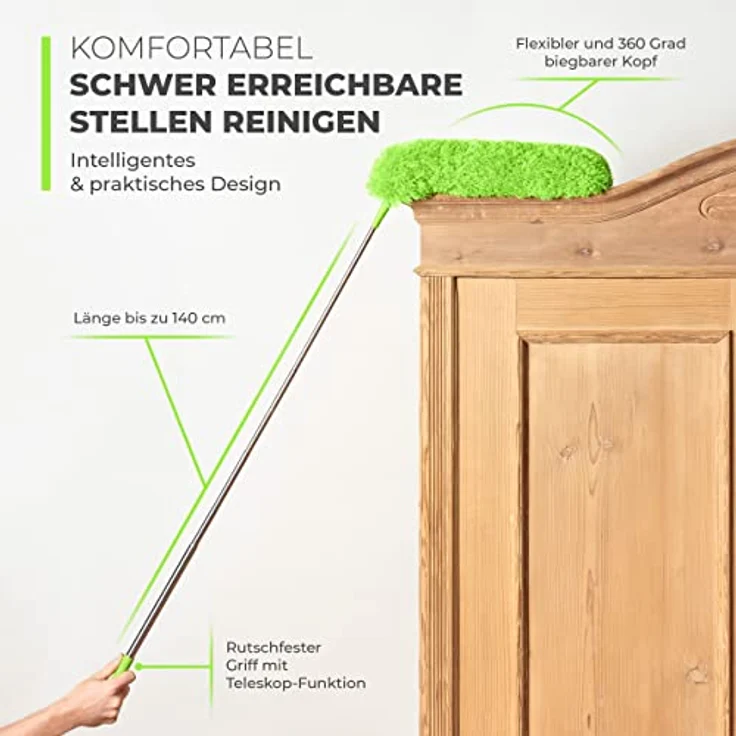 GÜTEWERK Teleskop Staubwedel waschbar - 140 cm lang - ausziehbar Staubwischer Teleskopstiel Mikrofaser Staub dust Wischer extendable Feather Duster Teleskopgriff Staubbürste Teleskopstange Wischer – Bild 3