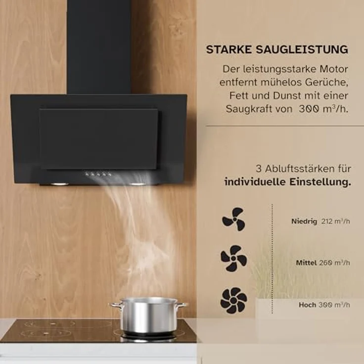 HEINRICHS Dunstabzugshaube, 60cm Abluft/Umluft-Dunstabzugshaube, 300m³/h Saugkraft, LED Beleuchtung, Schwarz – Bild 5