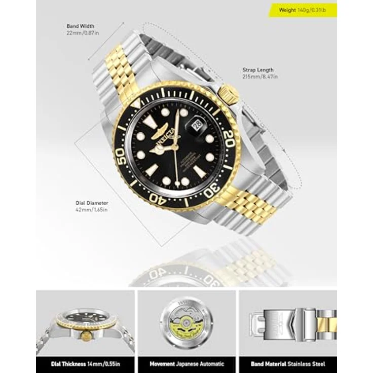 Invicta Pro Diver Automatikuhr, Edelstahl Herrenarmbanduhr mit schwarzem Zifferblatt, 42mm, 20 bar wasserdicht – Bild 3