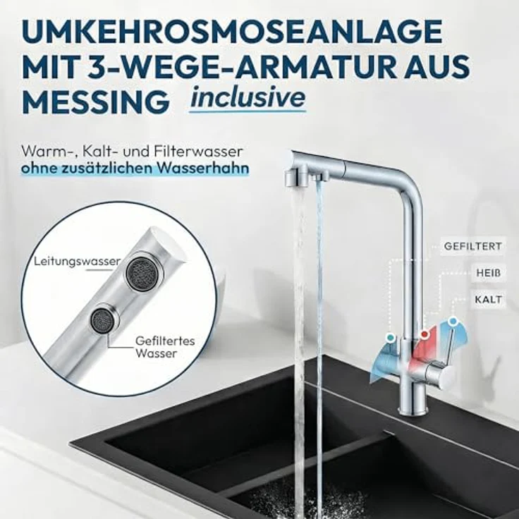 AORA GT600 Wasserhahn-Wasserfilter, Umkehrosmose 8-stufig, tanklos, mit LUNA Armatur Chrom, hohe Wasserreinheit bis 99,99 % – Bild 2