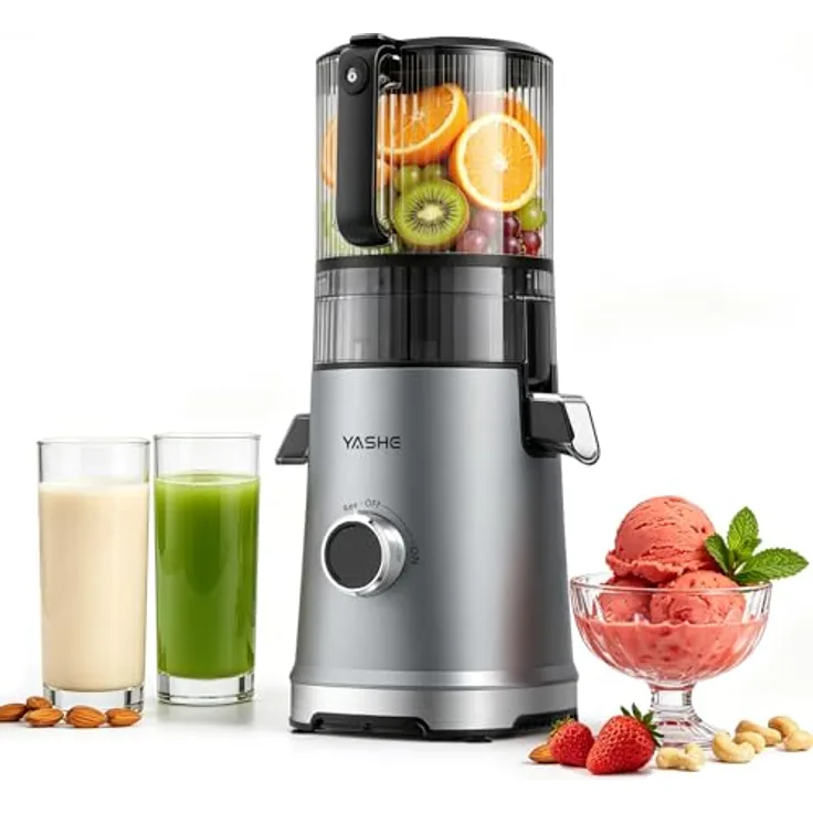 YASHE Slow Juicer, 600W Entsafter mit 150mm Edelstahl-Einfüllschacht, Saftpresse für ganze Früchte & Gemüse, Sorbet & Nussmilch, hohe Saftausbeute, leicht zu reinigen